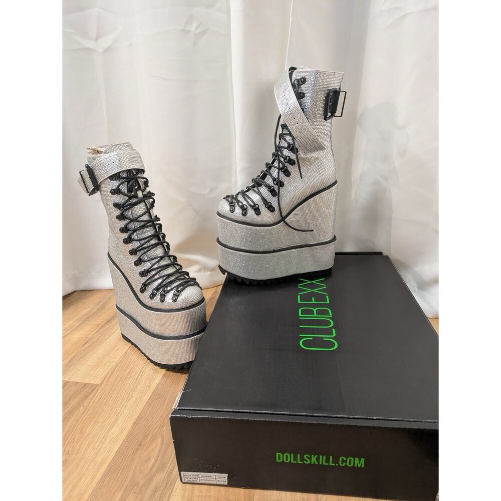 Dolls Kill Club Exx Rhinestone Lace Up Platform Wedge Heel Ankle Boots - Size 7